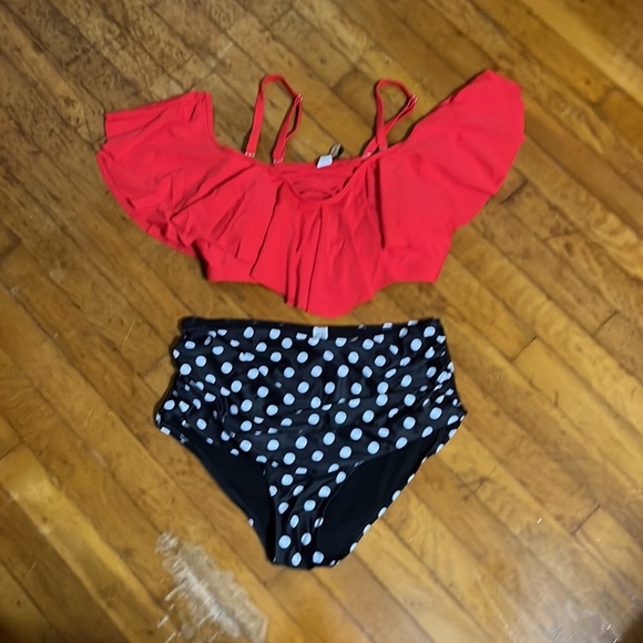Aqua Eve plus size swimsuit, red top, and polkadot bottoms - Picture 2 of 7